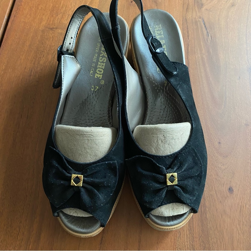 Vintage RelaxShoe Heels Cork Wedges Black Slingback Bows 90s Open Toe Size 37